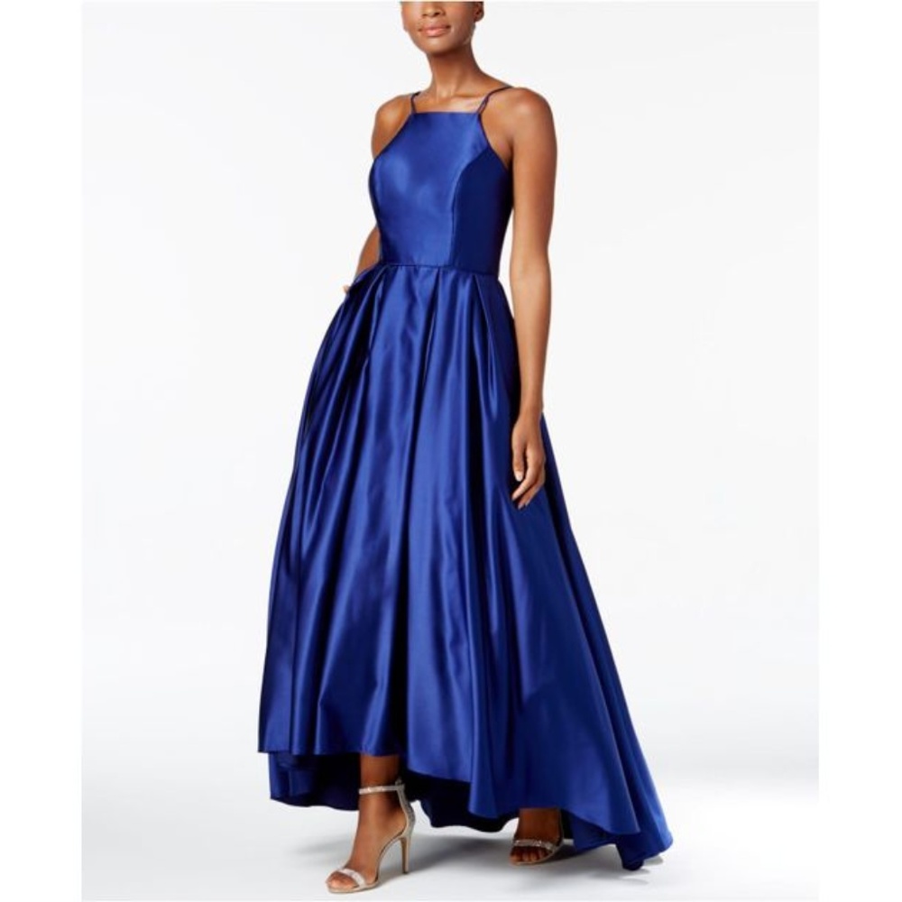 Betsy & Adam Satin High-low Blue Gown
